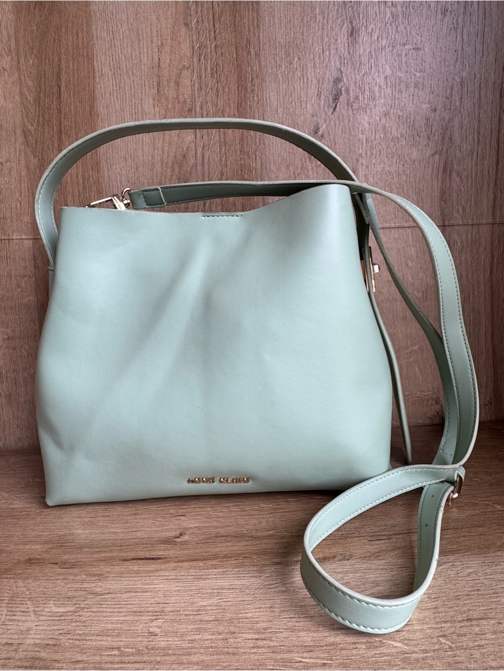 Anne Klein Mint Green Leather Shoulder Bag with Gold Hardware